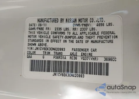 2012 Infiniti G37 Sport z USA, uszkodzony, nr VIN JN1CV6EK3CM420993